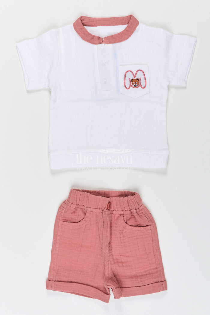 The Nesavu Boys Casual Set Toddler Boys Muslin Cotton Polo Shirt and Shorts Set Nesavu Nesavu toddler boys muslin cotton polo shirt with bear embroidery and shorts set