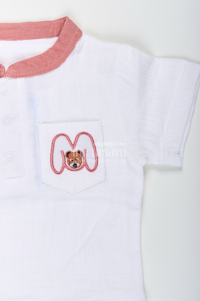 The Nesavu Boys Casual Set Toddler Boys Muslin Cotton Polo Shirt and Shorts Set Nesavu Nesavu toddler boys muslin cotton polo shirt with bear embroidery and shorts set