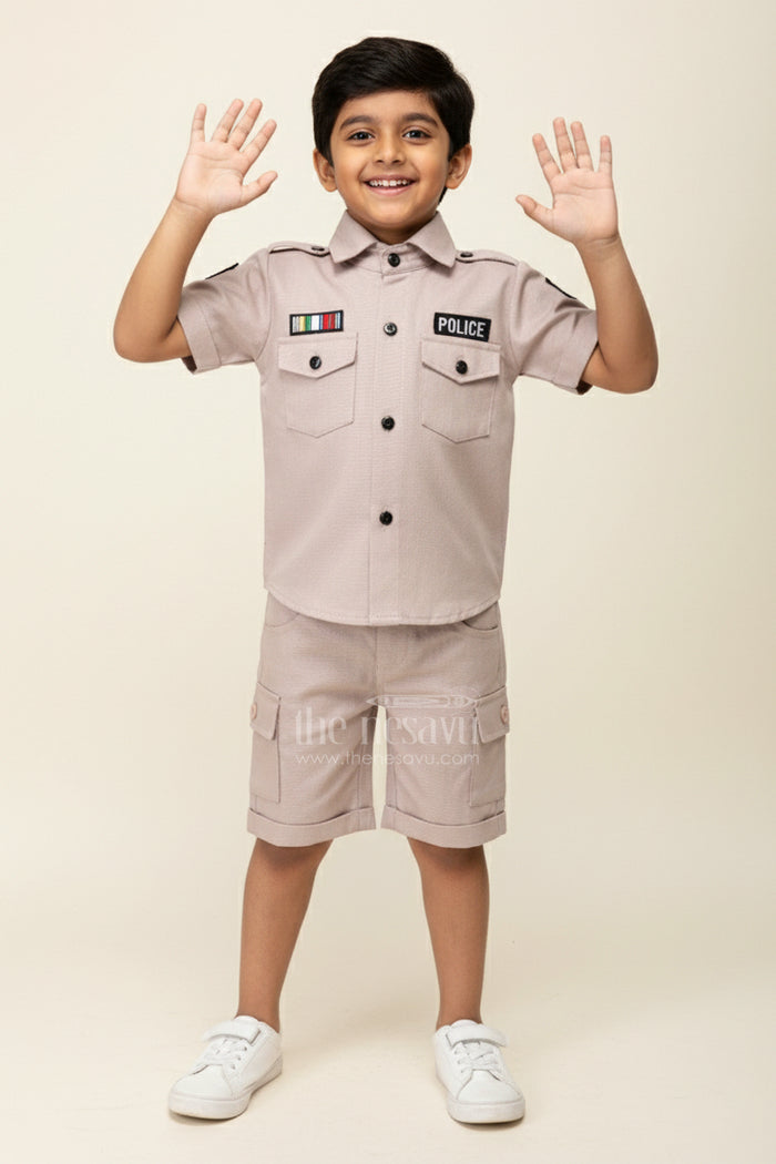 The Nesavu Boys Casual Set Toddler Boys Police Uniform Cotton Shirt and Shorts Set with Cap Nesavu 14 (6M) / Green BCS384A-14 Nesavu toddler boys cotton police uniform style shirt, shorts, and cap set