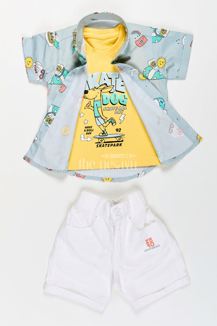 The Nesavu Boys Casual Set Toddler Boys Printed Shirt, T-Shirt, and Shorts Three-Piece Cotton Set Nesavu Nesavu toddler boys three-piece cotton set with printed shirt, T-shirt, and shorts