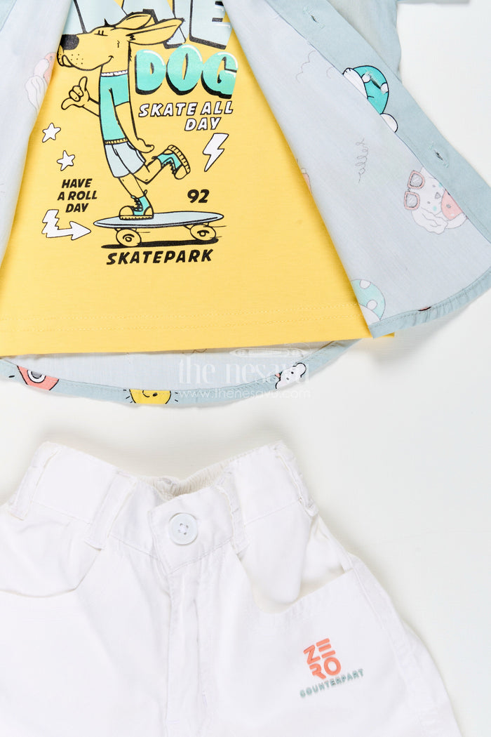 The Nesavu Boys Casual Set Toddler Boys Printed Shirt, T-Shirt, and Shorts Three-Piece Cotton Set Nesavu Nesavu toddler boys three-piece cotton set with printed shirt, T-shirt, and shorts
