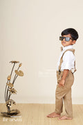 The Nesavu Boys Casual Set Toddler boys satin shirt and pants set with bow tie and suspenders Nesavu 16 (1Y) / White BCS376B-16 Nesavu toddler boys satin shirt with bow tie, suspenders, and khaki pants set