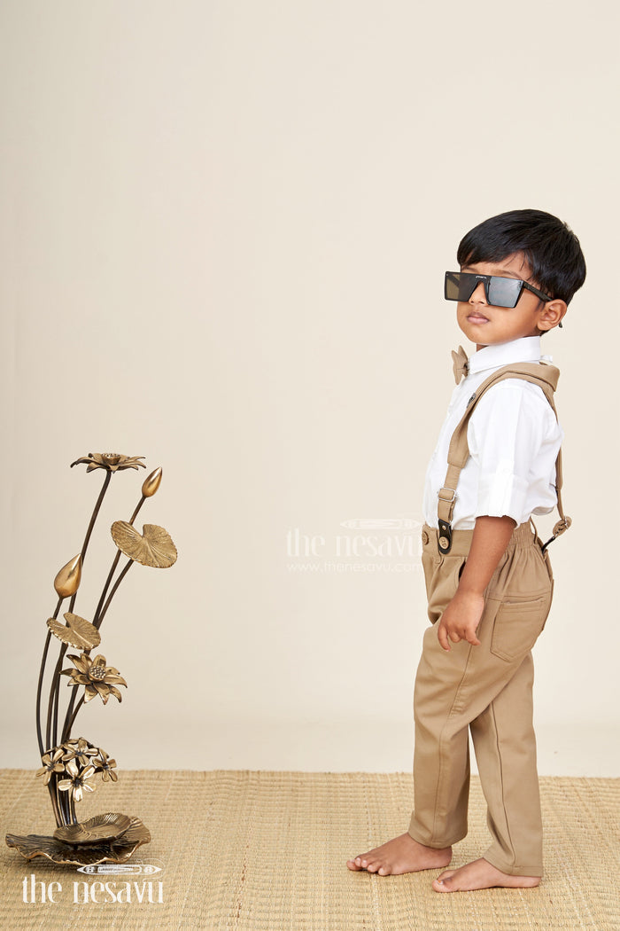 The Nesavu Boys Casual Set Toddler boys satin shirt and pants set with bow tie and suspenders Nesavu 16 (1Y) / White BCS376B-16 Nesavu toddler boys satin shirt with bow tie, suspenders, and khaki pants set