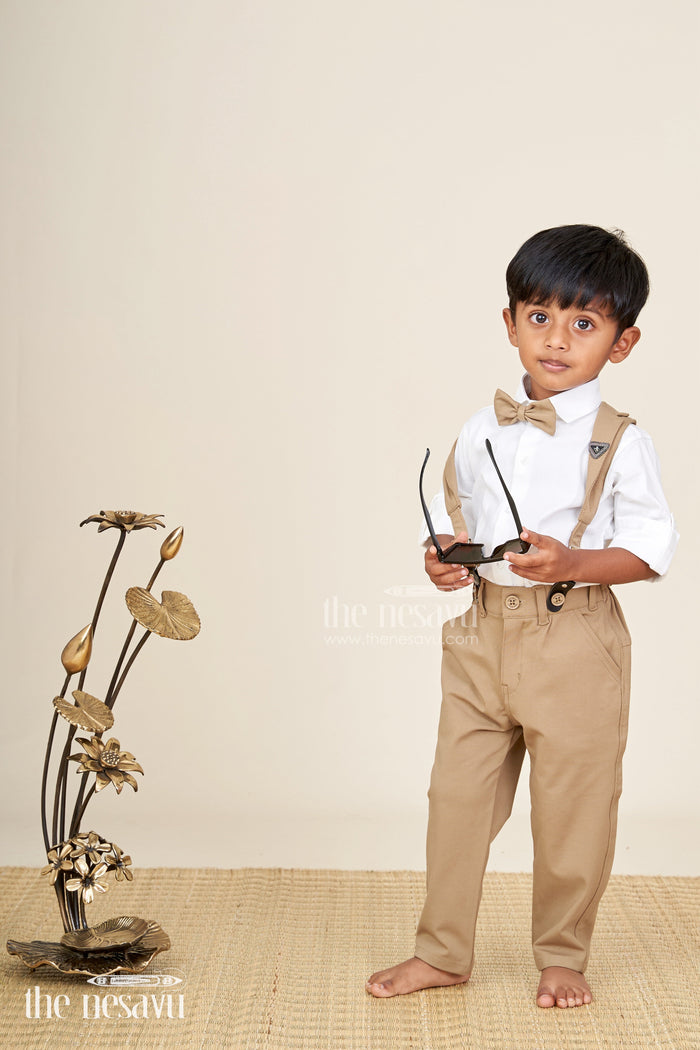 The Nesavu Boys Casual Set Toddler boys satin shirt and pants set with bow tie and suspenders Nesavu Nesavu toddler boys satin shirt with bow tie, suspenders, and khaki pants set