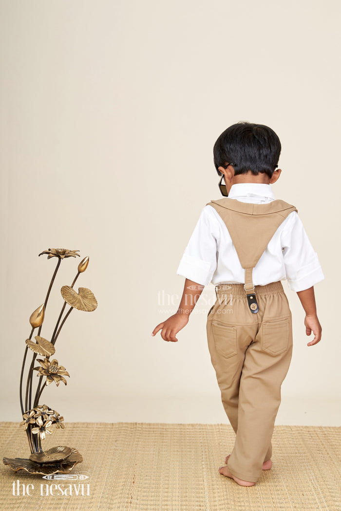 The Nesavu Boys Casual Set Toddler boys satin shirt and pants set with bow tie and suspenders Nesavu Nesavu toddler boys satin shirt with bow tie, suspenders, and khaki pants set
