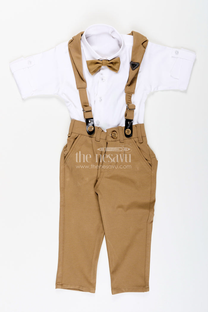 The Nesavu Boys Casual Set Toddler Boys Satin Shirt and Pants Set with Bow Tie and Suspenders Nesavu Nesavu toddler boys satin shirt with bow tie, suspenders, and khaki pants set