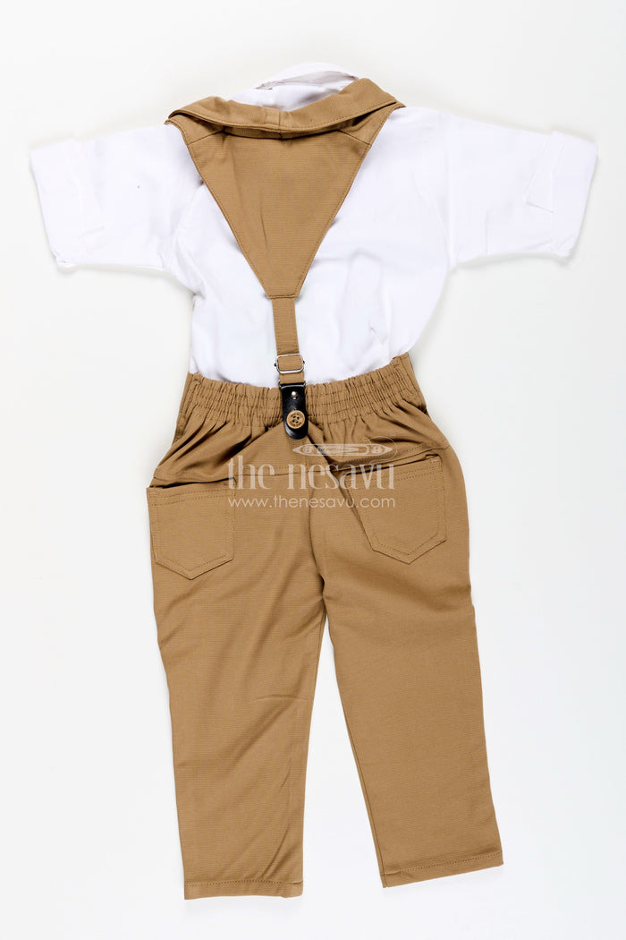 The Nesavu Boys Casual Set Toddler Boys Satin Shirt and Pants Set with Bow Tie and Suspenders Nesavu Nesavu toddler boys satin shirt with bow tie, suspenders, and khaki pants set