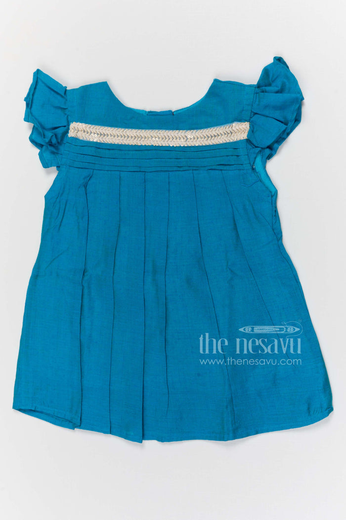 The Nesavu Girls Chanderi Frock Toddler Girl Chanderi Cotton Frock with Lace Yoke for Poojas and Festive Days Nesavu 10 (NB) / Turquoise / Chanderi GFC2096C-10 Nesavu toddler girl chanderi frock with pleated lace yoke for poojas and ethnic school events