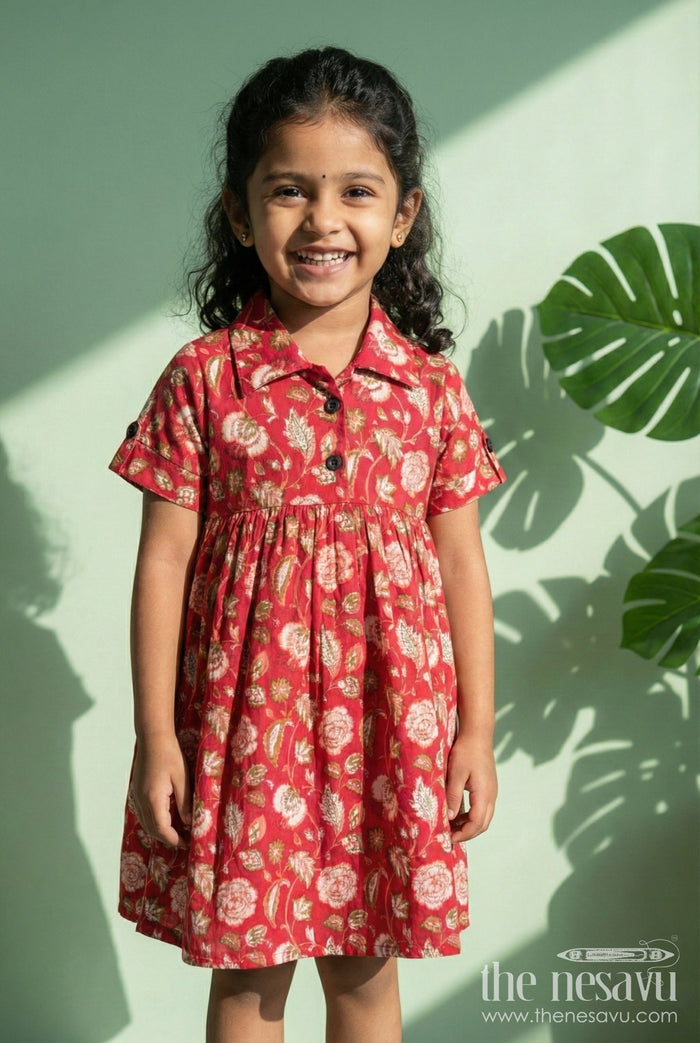 The Nesavu Girls Cotton Frock Toddler Girl Cotton Frock for Birthdays and Festive Gatherings Nesavu 16 (1Y) / Red GFC2041A-16 Nesavu toddler girl red cotton frock with puff sleeves and floral print for birthday celebrations
