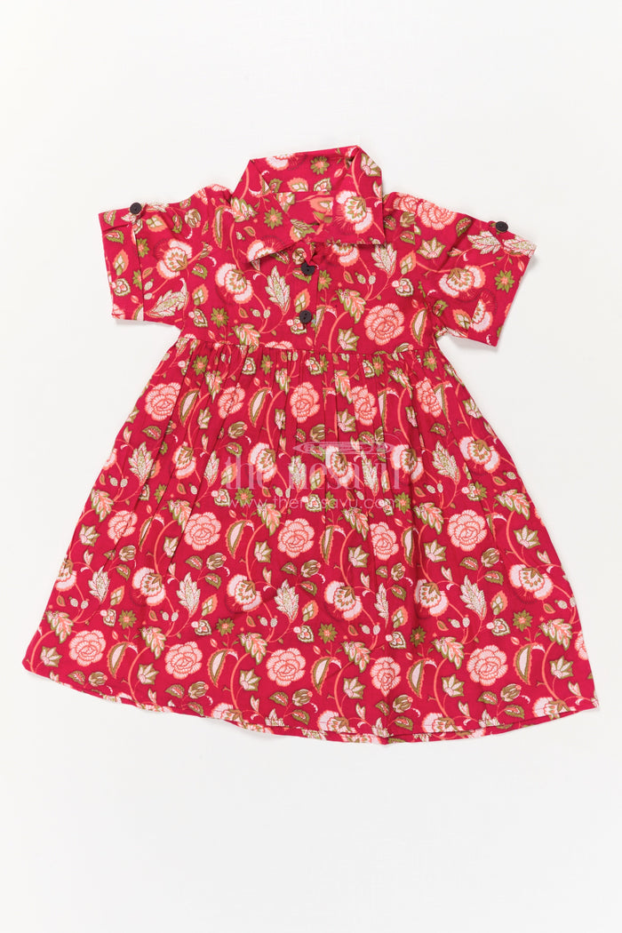 The Nesavu Girls Cotton Frock Toddler Girl Cotton Frock for Birthdays and Festive Gatherings Nesavu 16 (1Y) / Red GFC2041A-16 Nesavu toddler girl red cotton frock with puff sleeves and floral print for birthday celebrations