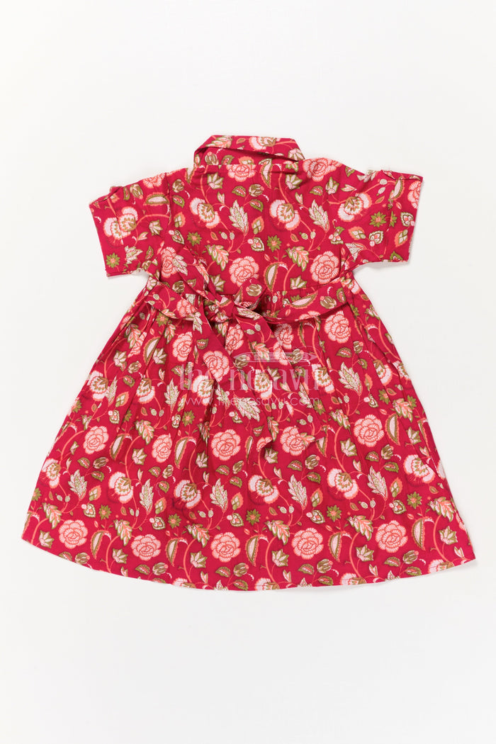 The Nesavu Girls Cotton Frock Toddler Girl Cotton Frock for Birthdays and Festive Gatherings Nesavu Nesavu toddler girl red cotton frock with puff sleeves and floral print for birthday celebrations