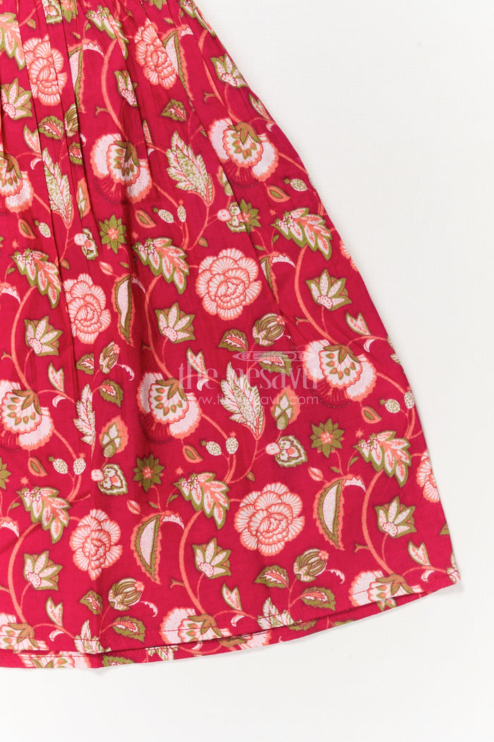 The Nesavu Girls Cotton Frock Toddler Girl Cotton Frock for Birthdays and Festive Gatherings Nesavu Nesavu toddler girl red cotton frock with puff sleeves and floral print for birthday celebrations