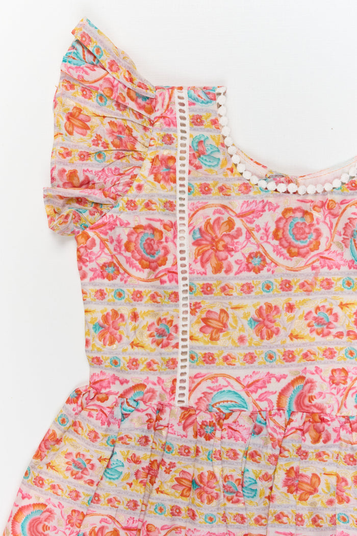 The Nesavu Girls Cotton Frock Toddler Girl Cotton Frock with Festive Border Print for Functions and Photo Days Nesavu Nesavu toddler girl cotton frock with festive print and ruffle sleeves for poojas and casual events