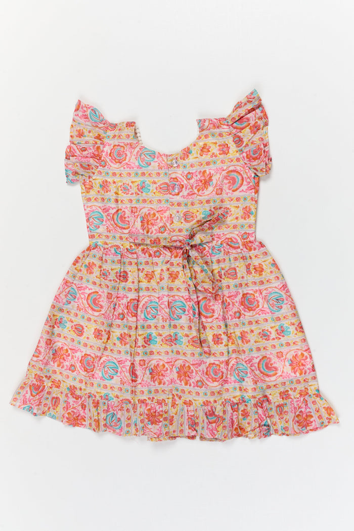 The Nesavu Girls Cotton Frock Toddler Girl Cotton Frock with Festive Border Print for Functions and Photo Days Nesavu Nesavu toddler girl cotton frock with festive print and ruffle sleeves for poojas and casual events