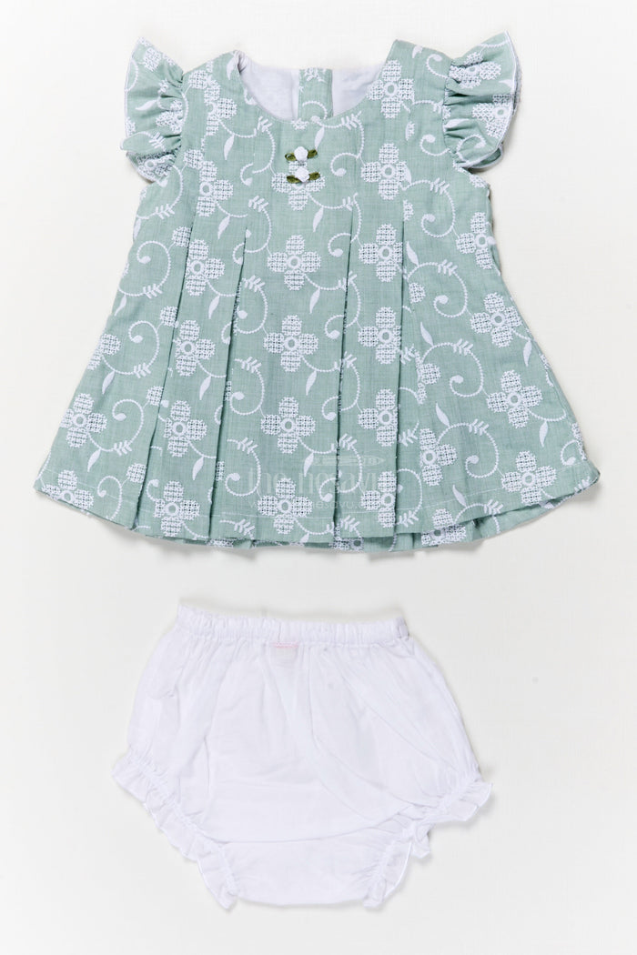 The Nesavu Baby Cotton Frocks Toddler Girl Embroidered Frock Set with Bloomers for Summer Days Nesavu 12 (3M) / Green BFJ886B-12 Nesavu toddler girl cotton frock set with thread embroidery and bloomers for casual summer wear