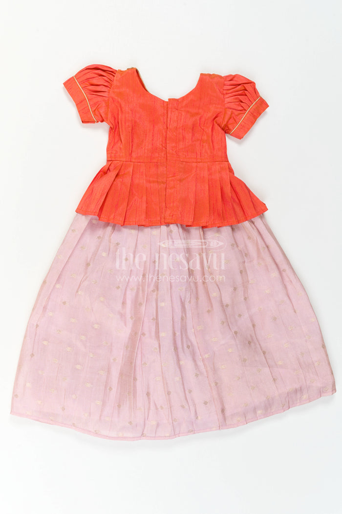 The Nesavu Pattu Pavadai Toddler Girl Ethnic Pavadai Set for Temple Visits and Festive Days Nesavu 18 (2Y) / Orange / Semi Banarasi GPP396B-18 Nesavu Toddler Girl Ethnic Pavadai Set In Semi Banaras Art Silk For Festive Family Occasions
