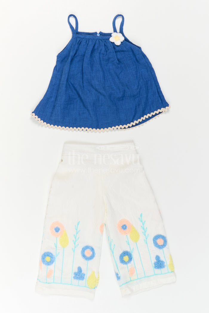 The Nesavu Girls Co-Ord Sets Toddler Girl Floral Co Ord Set for Summer Outings Nesavu Nesavu Toddler Girl Floral Co Ord Set With Embroidered Wide Leg Pants For Summer Outings