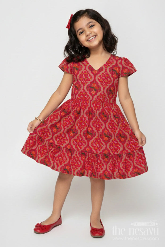 The Nesavu Girls Cotton Frock Toddler Girl Frock in Printed Modal Silk for Cultural and Festive Wear Nesavu 18 (2Y) / Red GFC2028B-18 Nesavu toddler girl frock in modal silk with traditional prints for ethnic and festive use