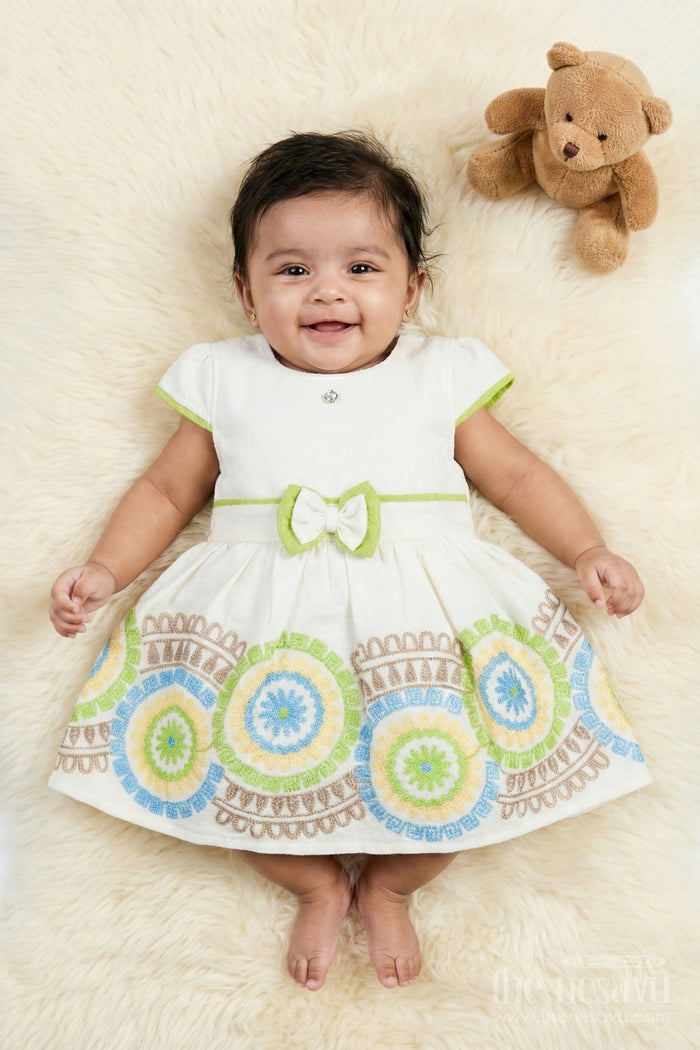 The Nesavu Girls Cotton Frock Toddler Girl Frock with Playful Embroidery for Birthdays and Casual Wear Nesavu 14 (6M) / Green / Cotton BFJ921B-14 Nesavu cotton embroidered frock for toddler girls – perfect for casual birthdays and playful outings