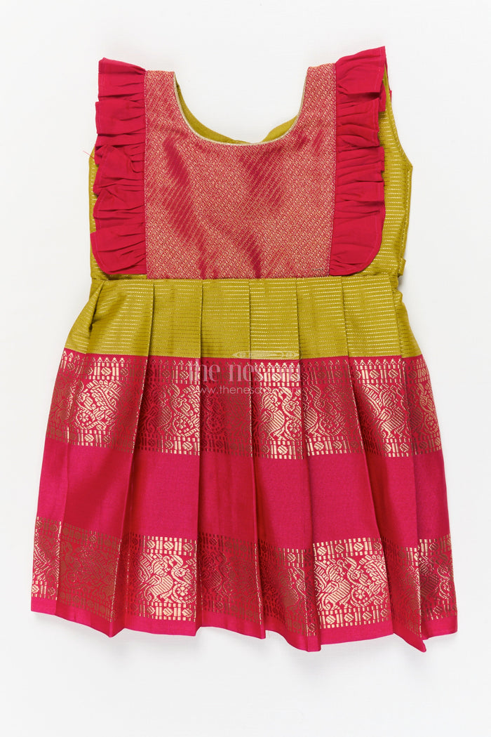 The Nesavu Girls Kanchi Silk Frock Toddler Girl Kanchi Silk Frock for Cultural Festivals and Ethnic Family Functions Nesavu 10 (NB) / Yellow / Style 1 KSF033BA-10 Nesavu toddler girl Kanchi silk frock for festive days, temple visits, and traditional gatherings