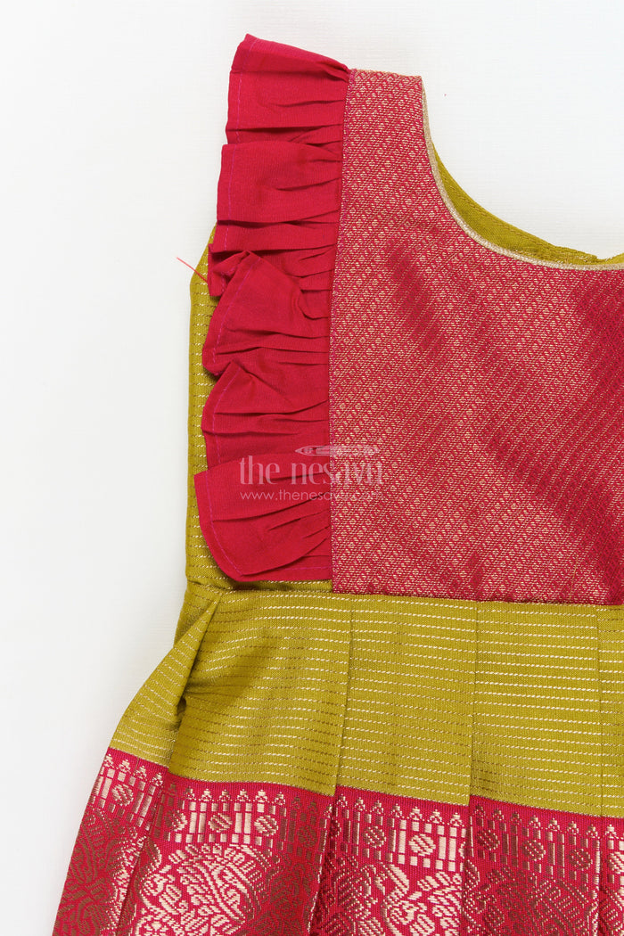 The Nesavu Girls Kanchi Silk Frock Toddler Girl Kanchi Silk Frock for Cultural Festivals and Ethnic Family Functions Nesavu Nesavu toddler girl Kanchi silk frock for festive days, temple visits, and traditional gatherings