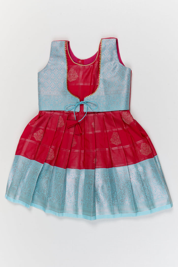 The Nesavu Girls Kanchi Silk Frock Toddler Girl Kanchipuram Silk Frock for Weddings and Traditional Events Nesavu 10 (NB) / Red / Style 2 KSF038AB-10 Nesavu toddler kanchipuram silk frock with pleats and festive jacket for traditional functions