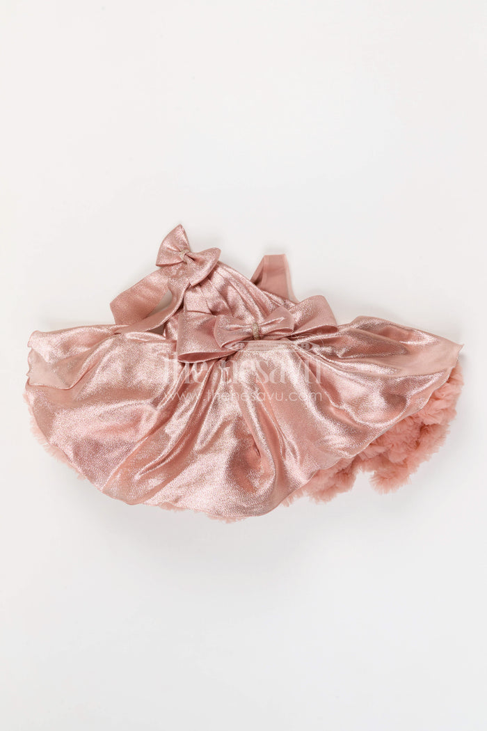 The Nesavu Girls Fancy Party Frock Toddler Girl Party Frock for Birthdays and Evening Celebrations Nesavu 16 (1Y) / Peach / Satin PF292A-16 Nesavu toddler girl shimmer satin party frock for birthdays and evening celebrations with bow detail