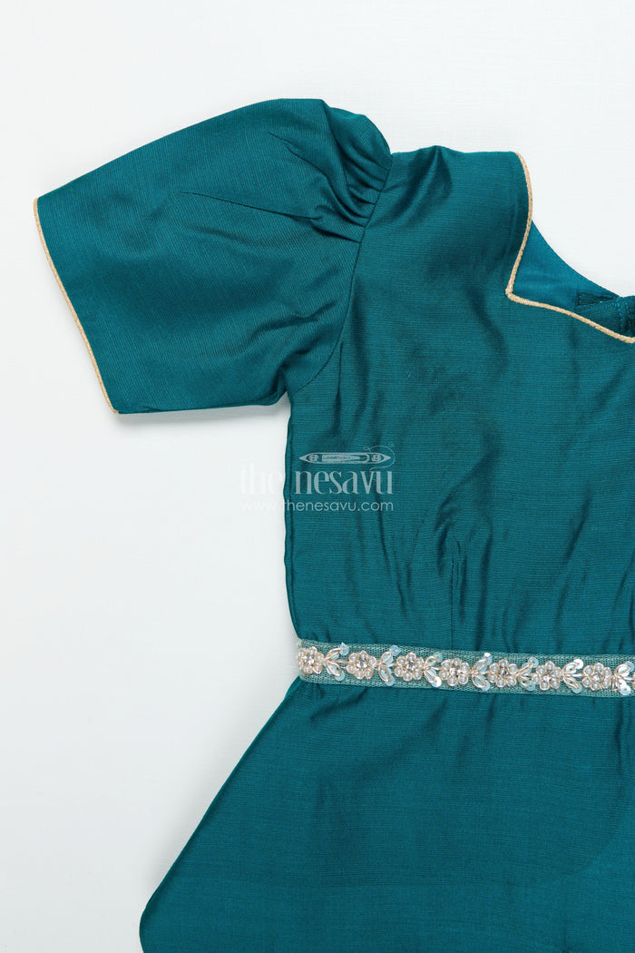 The Nesavu Pattu Pavadai Toddler Girl Pattu Pavadai with Chanderi Yoke for Festive Functions Nesavu Nesavu toddler girl pattu pavadai with chanderi yoke and semi Banaras skirt for festive celebrations