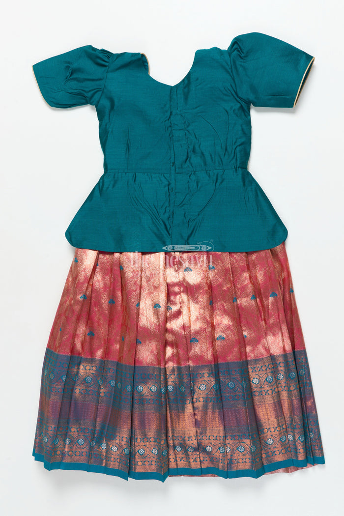 The Nesavu Pattu Pavadai Toddler Girl Pattu Pavadai with Chanderi Yoke for Festive Functions Nesavu Nesavu toddler girl pattu pavadai with chanderi yoke and semi Banaras skirt for festive celebrations