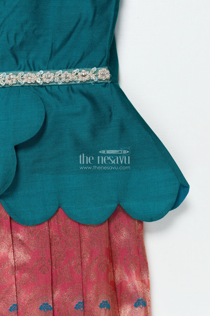 The Nesavu Pattu Pavadai Toddler Girl Pattu Pavadai with Chanderi Yoke for Festive Functions Nesavu Nesavu toddler girl pattu pavadai with chanderi yoke and semi Banaras skirt for festive celebrations