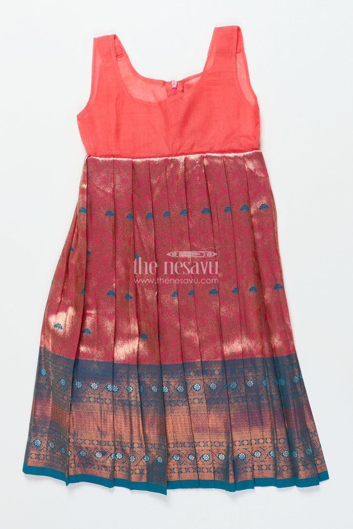 The Nesavu Pattu Pavadai Toddler Girl Pattu Pavadai with Chanderi Yoke for Festive Functions Nesavu Nesavu toddler girl pattu pavadai with chanderi yoke and semi Banaras skirt for festive celebrations