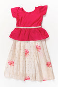 The Nesavu Pattu Pavadai Toddler Girl Pattu Pavadai with Lotus Print Skirt for Traditional Events Nesavu 18 (2Y) / Deeppink / Silk Blend GPP358B-18 Nesavu toddler girl pattu pavadai with digital lotus print skirt and scallop blouse for cultural occasions