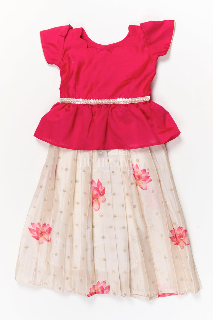 The Nesavu Pattu Pavadai Toddler Girl Pattu Pavadai with Lotus Print Skirt for Traditional Events Nesavu 18 (2Y) / Deeppink / Silk Blend GPP358B-18 Nesavu toddler girl pattu pavadai with digital lotus print skirt and scallop blouse for cultural occasions