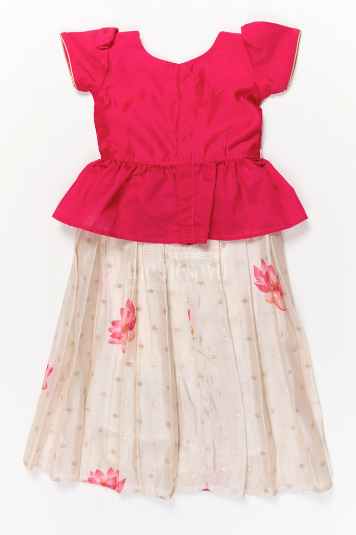 The Nesavu Pattu Pavadai Toddler Girl Pattu Pavadai with Lotus Print Skirt for Traditional Events Nesavu 18 (2Y) / Deeppink / Silk Blend GPP358B-18 Nesavu toddler girl pattu pavadai with digital lotus print skirt and scallop blouse for cultural occasions