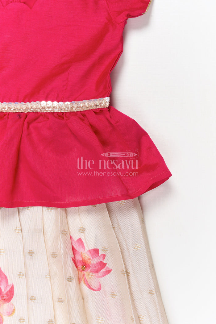 The Nesavu Pattu Pavadai Toddler Girl Pattu Pavadai with Lotus Print Skirt for Traditional Events Nesavu 18 (2Y) / Deeppink / Silk Blend GPP358B-18 Nesavu toddler girl pattu pavadai with digital lotus print skirt and scallop blouse for cultural occasions