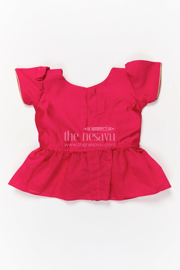 The Nesavu Pattu Pavadai Toddler Girl Pattu Pavadai with Lotus Print Skirt for Traditional Events Nesavu 18 (2Y) / Deeppink / Silk Blend GPP358B-18 Nesavu toddler girl pattu pavadai with digital lotus print skirt and scallop blouse for cultural occasions