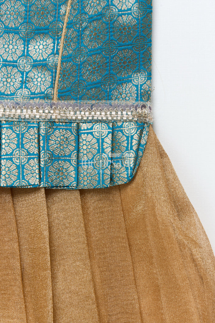 The Nesavu Pattu Pavadai Toddler Girl Tissue Silk Pattu Pavadai with Brocade Blouse and Golden Skirt Nesavu Nesavu toddler girl tissue silk pattu pavadai with brocade blouse for weddings and celebrations