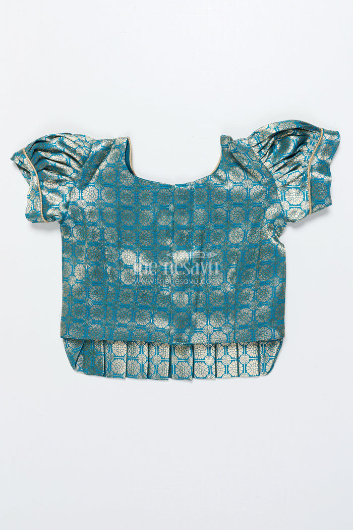 The Nesavu Pattu Pavadai Toddler Girl Tissue Silk Pattu Pavadai with Brocade Blouse and Golden Skirt Nesavu Nesavu toddler girl tissue silk pattu pavadai with brocade blouse for weddings and celebrations
