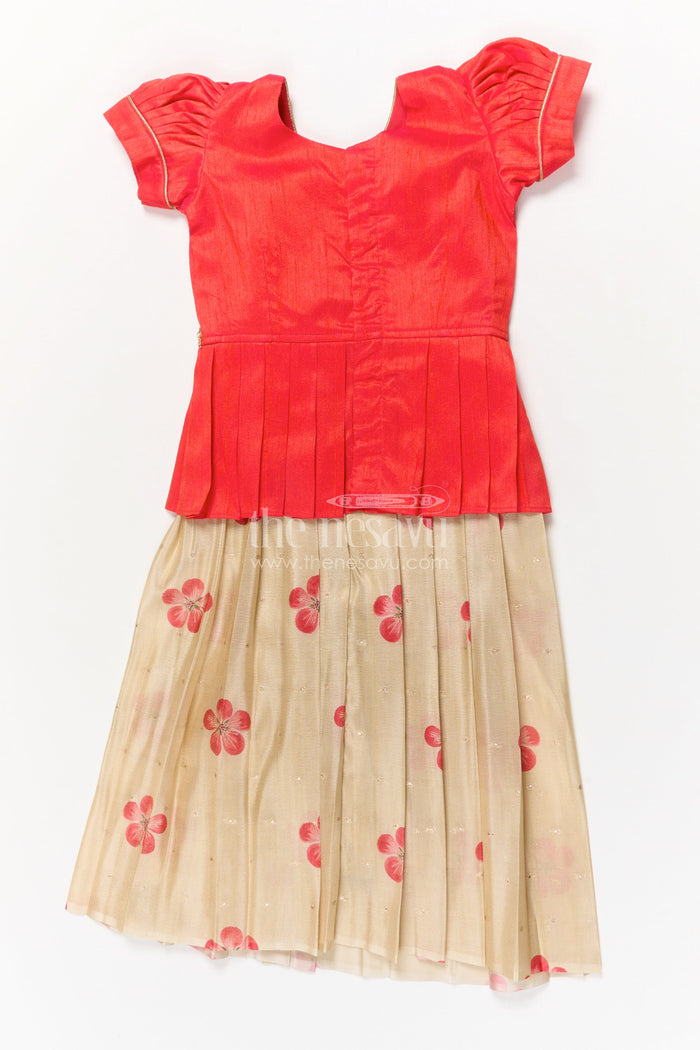The Nesavu Pattu Pavadai Toddler Girl Traditional Pavadai Set for Special Ethnic Occasions Nesavu Nesavu toddler girl traditional pavadai set with digital print skirt and puff sleeve blouse