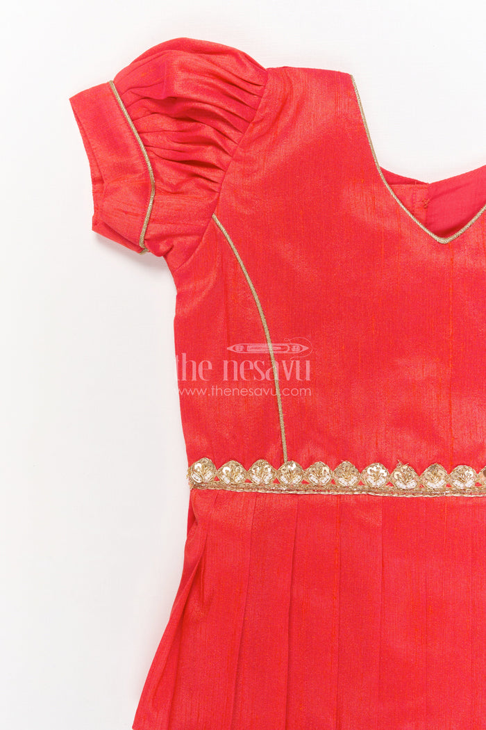 The Nesavu Pattu Pavadai Toddler Girl Traditional Pavadai Set for Special Ethnic Occasions Nesavu Nesavu toddler girl traditional pavadai set with digital print skirt and puff sleeve blouse