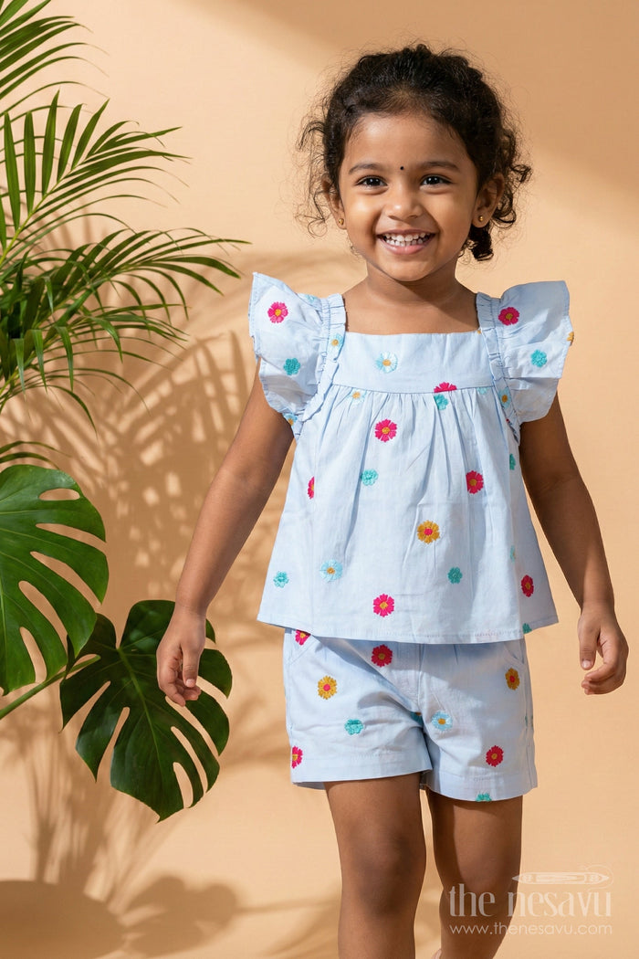 The Nesavu Girls Cotton Frock Top and Shorts Set for Baby Girls with Pompom Detail Nesavu Nesavu Baby Girl Sky Blue Cotton Pom-Pom Top Shorts Set Embroidery Playful Summer Style