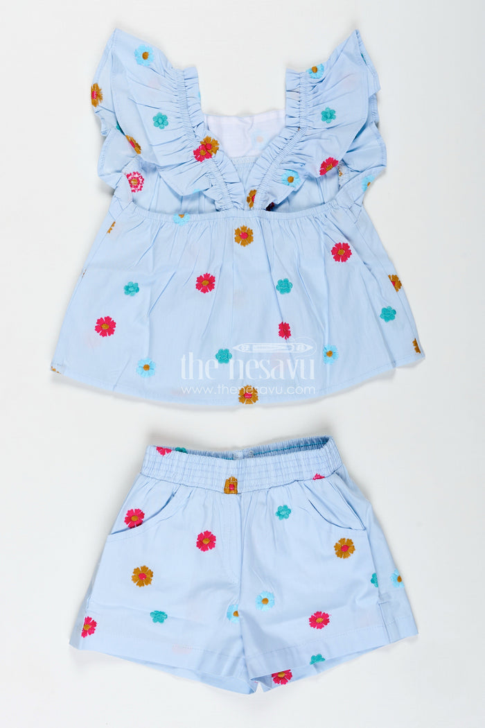 The Nesavu Girls Cotton Frock Top and Shorts Set for Baby Girls with Pompom Detail Nesavu Nesavu Baby Girl Sky Blue Cotton Pom-Pom Top Shorts Set Embroidery Playful Summer Style