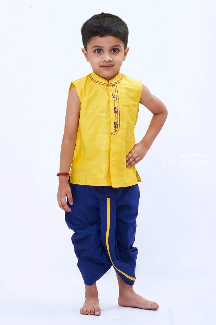 The Nesavu Boys Dothi Set Traditional Boys Yellow Kurta with Navy Blue Dhoti Set - Ethnic Panchagajam Ensemble Nesavu 12 (3M) / Yellow / Dupion BES473B-12 Boys' Ethnic Yellow Kurta & Navy Dhoti Set | Traditional Panchagajam Attire | The Nesavu
