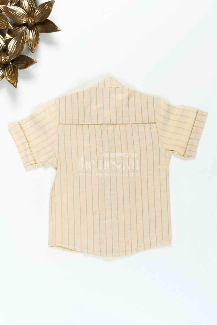 The Nesavu Boys Silk Shirt Traditional Cotton Shirt for Boys in Beige Silk Blend with Striped Gold Thread Weaving and Mandarin Collar Nesavu Nesavu Boys Traditional Cotton Shirt Silk Blend Gold Stripes Mandarin Collar Design