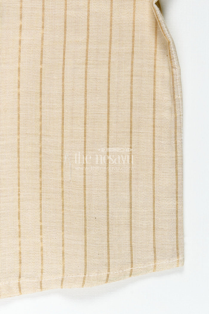 The Nesavu Boys Silk Shirt Traditional Cotton Shirt for Boys in Beige Silk Blend with Striped Gold Thread Weaving and Mandarin Collar Nesavu Nesavu Boys Traditional Cotton Shirt Silk Blend Gold Stripes Mandarin Collar Design