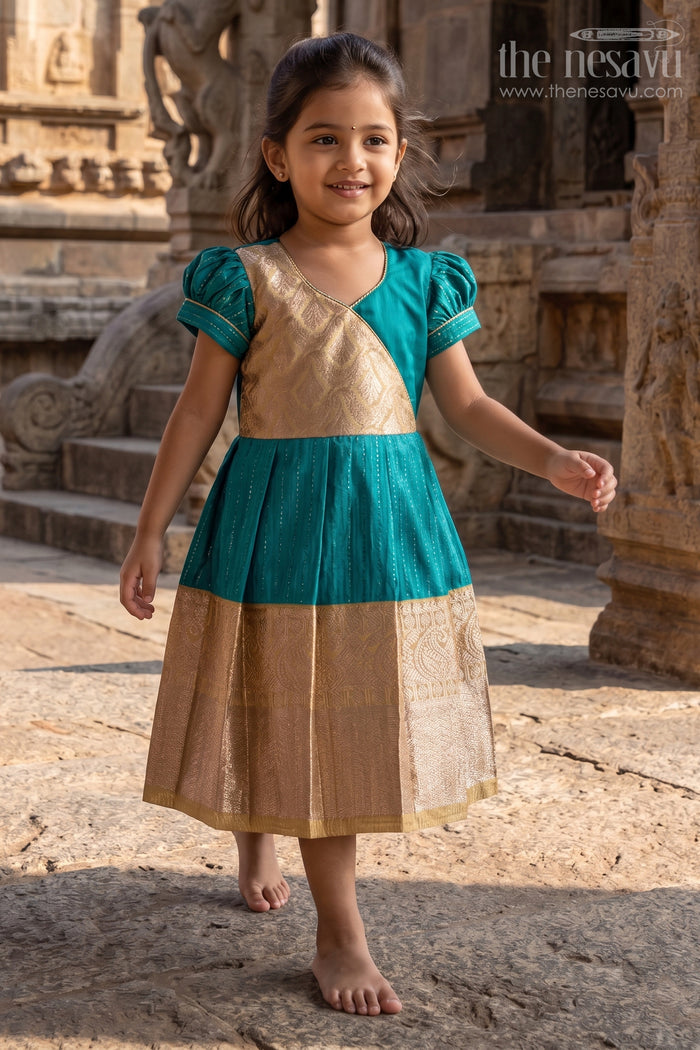 The Nesavu Girls Kanchi Silk Frock Traditional Dark Green Silk Dress for Girls with Kanchipuram Inspired Fabric and Gold Zari Border Nesavu Dark Green Silk Dress Girls Kanchipuram Inspired Fabric Gold Zari Border | The Nesavu