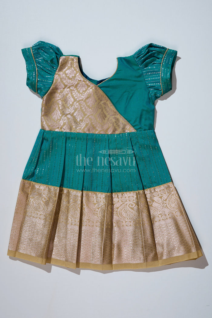 The Nesavu Girls Kanchi Silk Frock Traditional Dark Green Silk Dress for Girls with Kanchipuram Inspired Fabric and Gold Zari Border Nesavu 14 (6M) / Green / Style 1 SF823BA-14 Nesavu Dark Green Silk Dress Girls Kanchipuram Inspired Fabric Gold Zari Border