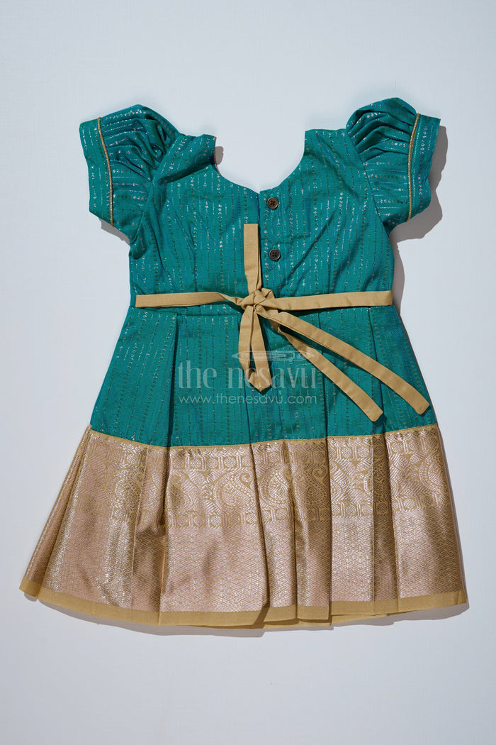 The Nesavu Girls Kanchi Silk Frock Traditional Dark Green Silk Dress for Girls with Kanchipuram Inspired Fabric and Gold Zari Border Nesavu Nesavu Dark Green Silk Dress Girls Kanchipuram Inspired Fabric Gold Zari Border