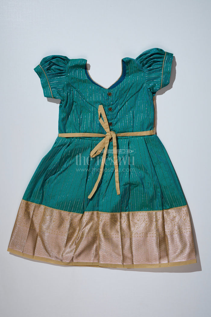 The Nesavu Girls Kanchi Silk Frock Traditional Dark Green Silk Dress for Girls with Kanchipuram Inspired Fabric and Gold Zari Border Nesavu Nesavu Dark Green Silk Dress Girls Kanchipuram Inspired Fabric Gold Zari Border