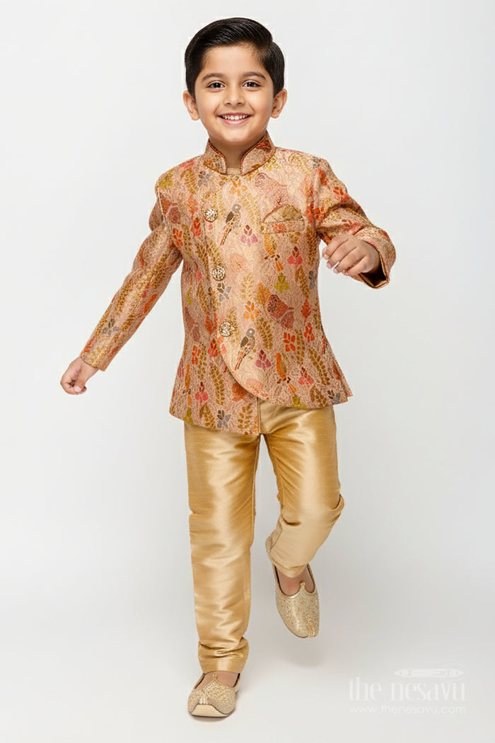 The Nesavu Boys Dothi Set Traditional Kurta Pajama Set for Boys with Bird and Floral Digital Print Nesavu 12 (3M) / Gold BES809A-12 Nesavu boys printed silk kurta pajama set birds floral design festive ethnic wear